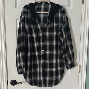 Black and White Plaid Flannel Hooded Shirt